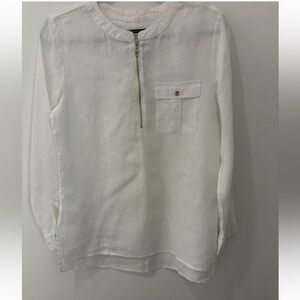 JONES NEW YORK Top White 100% Linen Roll Tab Long Sleeve Zip Neck Size M